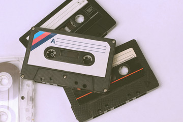 Audio retro vintage  group of audio cassettes tape 70s, 80s, 90s style vintage toning  isolated on...