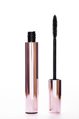 Mascara Bottle and Brush. Fashionable cosmetics Makeup for Eyes, Black Mascara wand and Tube...