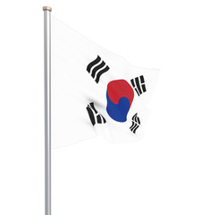 South Korea flag blowing in the wind. Background texture. 3d rendering, waving flag. Isolated on white. Illustration.