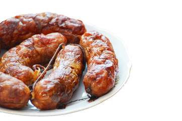 Home-made baked sausages isolated on white, food,photo