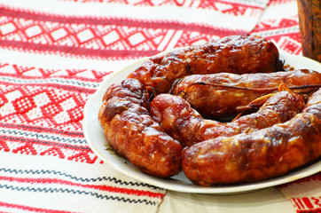 Home-made baked sausages , traditional Ukrainian cuisine,photo