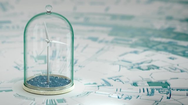 Windmill in sea under glass bulb on water . 3D 4K
