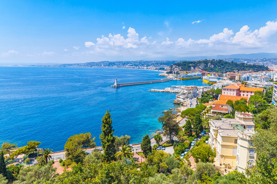Amazing view of luxury resort Nice on French Riviera at Mediterranean Sea. Nice is famous and popular travel destination and summer recreation spot on Cote d'Azur, France.