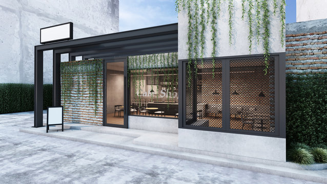 Front view Cafe shop & Restaurant design. Modern Loft metal sheet black.green plant on wall Brick,Windows black metal frame- 3D render