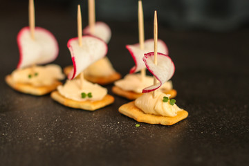 radish, canape appetizer, salad snack with cream cheese, vegetables and herbs (snack). food background. top view
