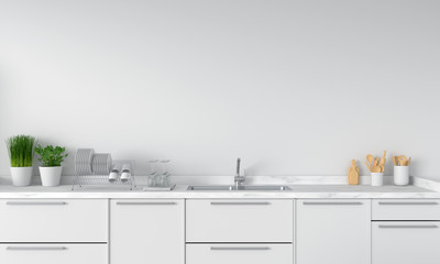 Modern white kitchen countertop with sink, 3D rendering