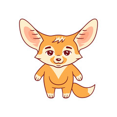 Cute fennec fox calmly stands with smile. Amusing kawaii cartoon character. Funny emotion and face expression. Isolated on white background