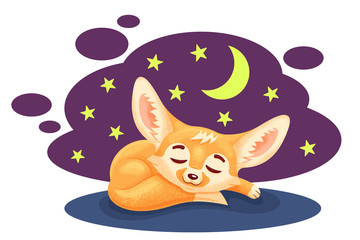 Sleeping cartoon fennec fox against starry night background. Cute kawaii  character. Funny emotion and face expression