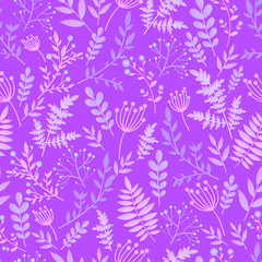 Fototapeta na wymiar Gentle fantasy romantic seamless pattern, naive flower with leaves, wild flowers, spring, summer time, nature in bloom. Pastel lilac colors, isolated purple background. Floral vector ornament