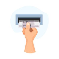 Hand  insert in atm money 500 rubles, banknote vector business illustration