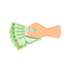 Hand give / take paper money banknote 200 rubles, vector business illustration