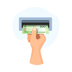 Hand insert in atm money 200 rubles, banknote vector business illustration