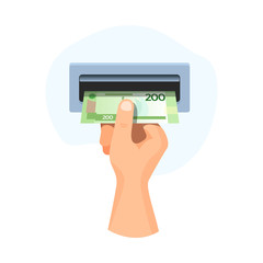 Hand  insert in atm money 200 rubles, banknote vector business illustration