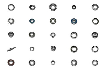 Ball bearing car isolated on white background. Collage spare parts bearings automotive.