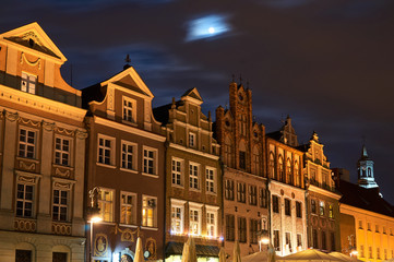 Historic Townhouses in the Old Market Square  at night in Poznan.