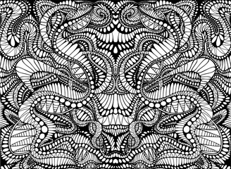 Coloring page abstract pattern, maze of ornaments. Psychedelic stylish card. Vector illustration Antistress psychedelic tribal background. Black and white symmetrical element.