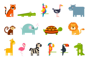 Set of popular colorful vector tropical animals and birds