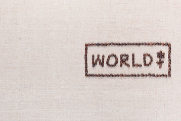 World sign made from coffee beans on linea texture aligned middle right.