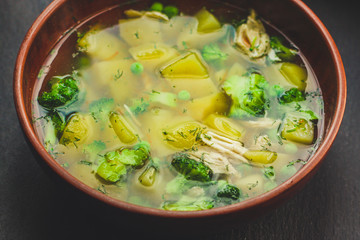 broccoli soup with vegetables. food background. top