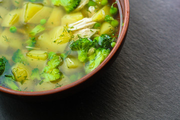 broccoli soup with vegetables. food background. top