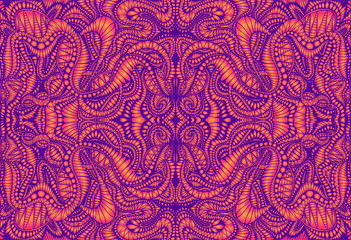 Vintage psychedelic trippy colorful fractal pattern. Gradient neon violet, orange colors. Decorative surreal abstract mandala with maze of ornament shamanic fantasy texture. Vector illustration.