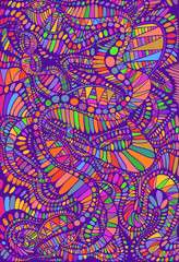 Psychedelic colorful surreal background. Bright colors abstract tribal texture, maze of ornaments. Vector hand drawn ethnic illustration.