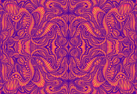 Fototapeta Vintage psychedelic trippy colorful fractal pattern. Gradient neon violet, orange colors. Decorative surreal abstract mandala with maze of ornament shamanic fantasy texture. Vector illustration.