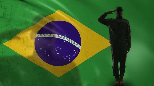 Brazilian soldier silhouette saluting against national flag military recruitment