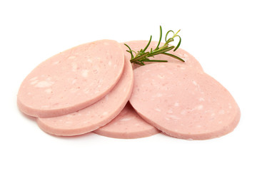 Boiled sausage slices, close-up, isolated on white background © GSDesign