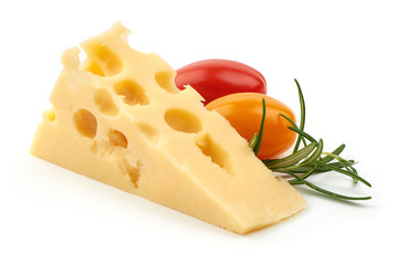 Cheese triangle with tomatoes and rosemary, close-up, isolated on white background