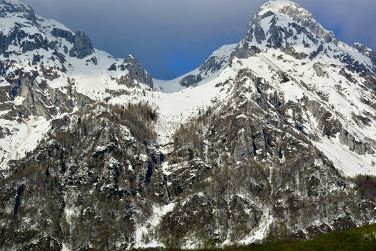 The beautiful snow-capped mountains of Alpago, in the province of Belluno, Italy
