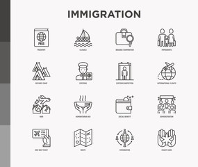 Immigration thin line icons set: immigrants, illegals, baggage examination, passport, international flights, customs, inspection, refugee camp, one way ticket, route. Modern vector illustration.