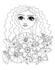 Portrait young beautiful girl with the long hair and flower coloring page