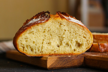 white bread round form, fresh pastries. food background. top