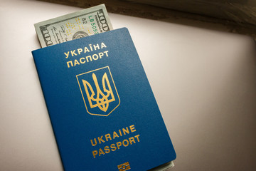 New Ukrainian blue International biometric passport with an identification chip with American banknotes inside on the gray background.