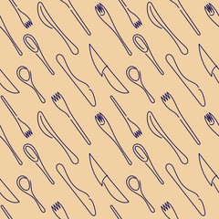 Cooking Seamless Background. Contour Cutlery Background. Isolated kitchen utensils. One Line Drawing. Vector illustration