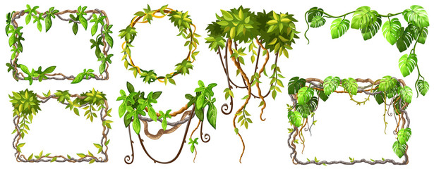Liana branches and tropical leaves. Set game elements plants of jungle and cartoon frames with space for text. Isolated vector illustration on white background. - obrazy, fototapety, plakaty