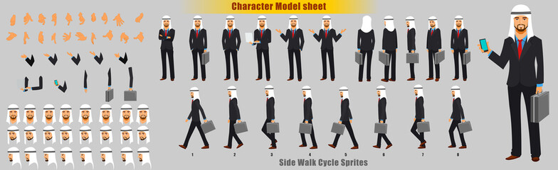 Arab Businessman Character Model sheet with Walk cycle Animation Sequence 
