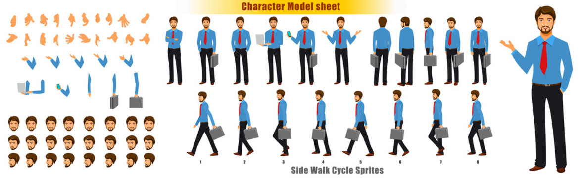 Businessman Character Model sheet with Walk cycle Animation Sequence 