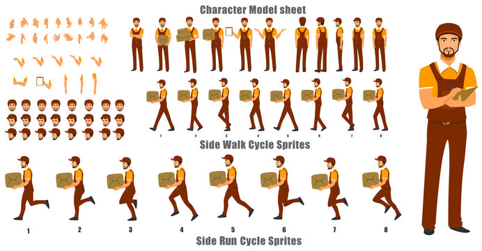 Courier Person Character Model sheet with Walk cycle and Run cycle Animation Sequence