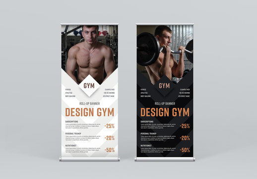 Black and White Roll-Up Banner Layout with Arrow Elements