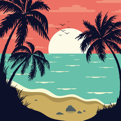 Vintage tropical  landscape with  palm branches. Seascape with tropical plants. Tourism and travelling. Vector flat design