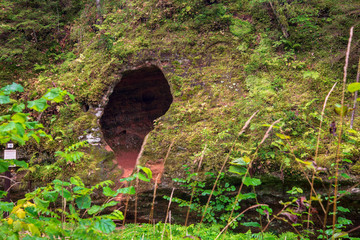 sandstone cliff with dark cave entrance in green forest