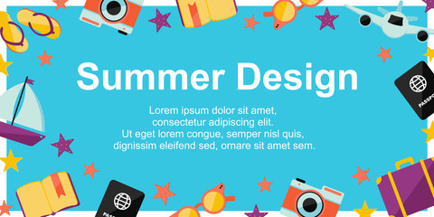 Summer design poster with summer elements on blue background. Backgroud for different designs: card, poster, sales, news for sale. Vector Illustration.
