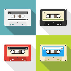 Retro audio cassette. Set of retro audio cassettes with shadows. Cartoon illustration of audio