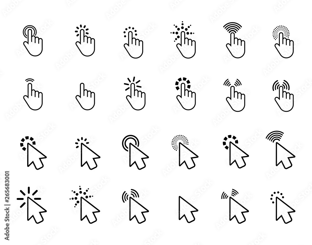 Poster Computer mouse click cursor, gray arrow icons set in flat style vector