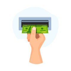Hand  insert in atm money 100 dollars, banknote vector business illustration