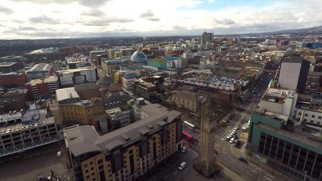 Aerial view of City Centre in Belfast, Northern Ireland. Drone view on buildings from Above. 