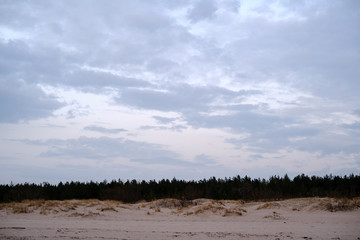 Fototapeta na wymiar calm sea beach on the shore of Baltic sea with blue clouds and low tide