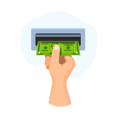 Hand  insert in atm money 5 dollars, banknote vector business illustration